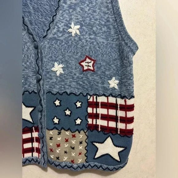 BOBBIE BROOKS Vintage Women’s Blue Knit Vest Stars Flag Red White Patriotic XL - Picture 2 of 10